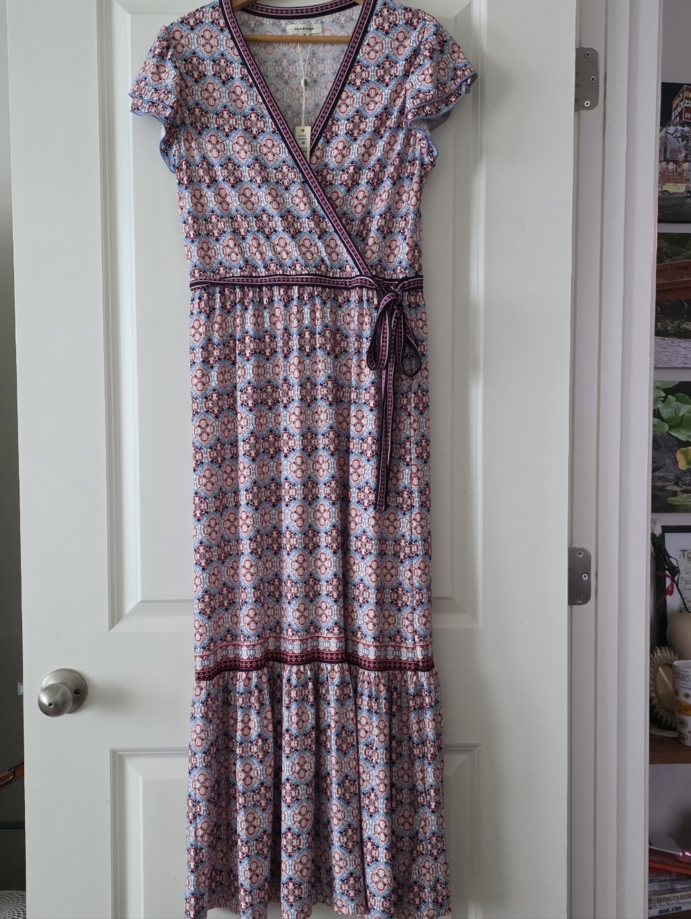 Max Studio Maxi Tiered Dress Faux Wrap Tie Front Womens M Boho Preppy Coastal